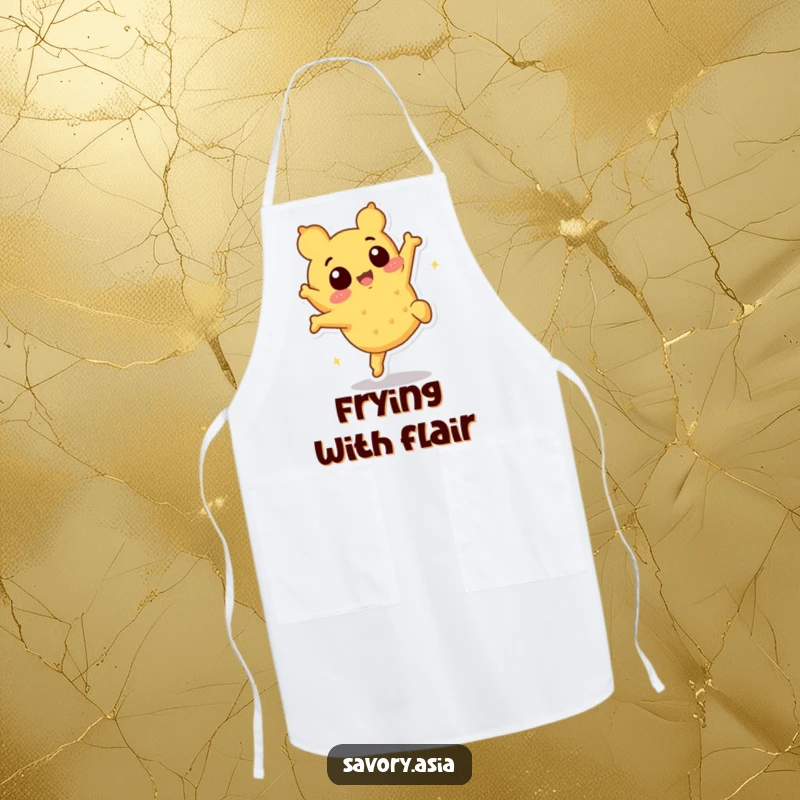 Funny tempura character apron, for kitchen use, depicting a crispy piece doing a playful somersault, adding humor to cooking.