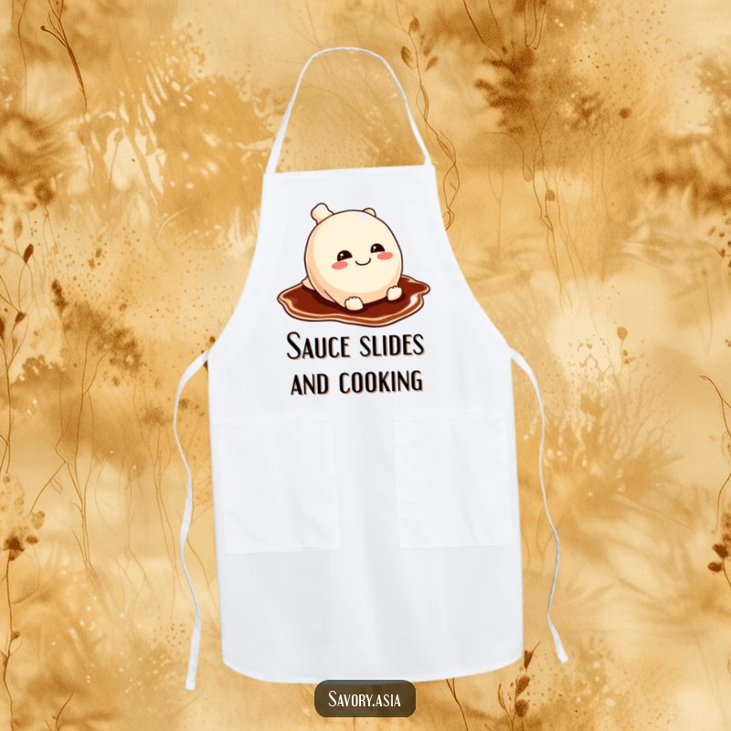 Funny potsticker apron showing a mischievous potsticker sliding on soy sauce, perfect for kitchen duty with a side of playful fun.