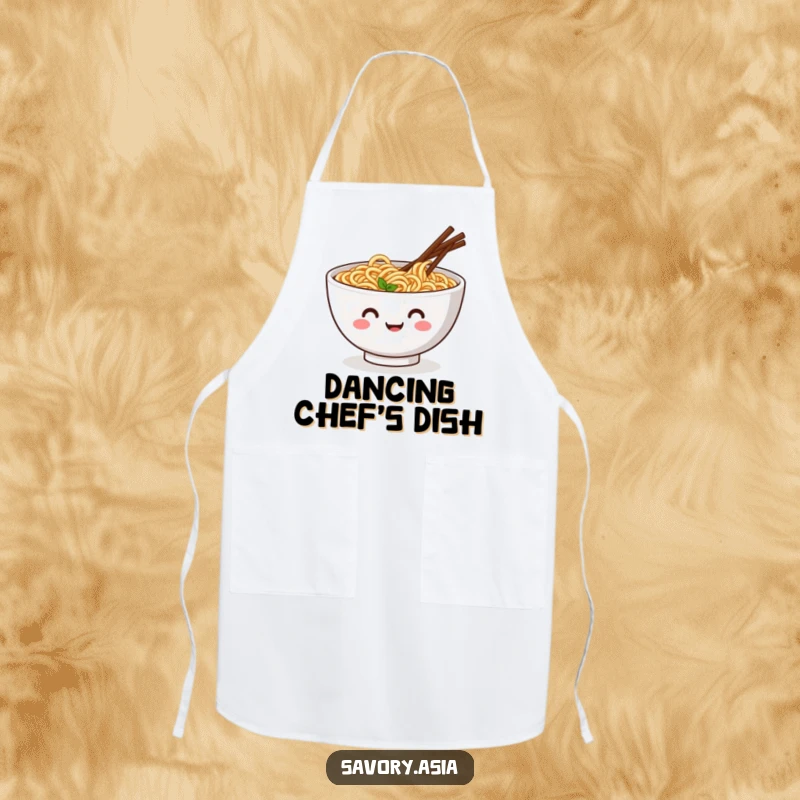 Funny apron with a smiling ramen bowl and wiggling chopsticks doing a jig, perfect for a humorous and joyful chef.