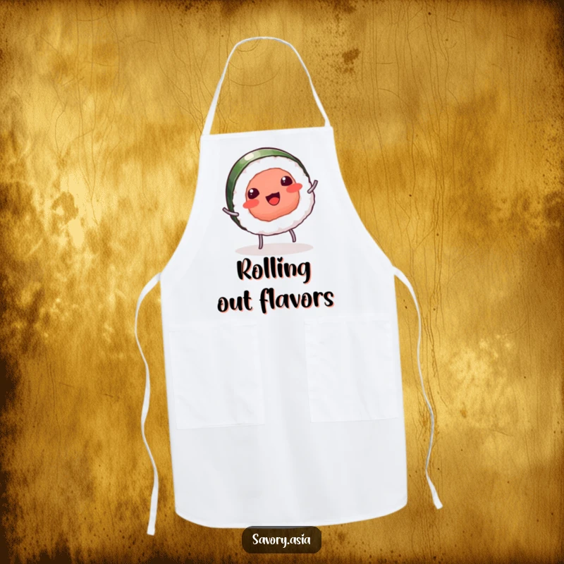 Funny apron with a giggling sushi piece and tiny legs doing a cartwheel, perfect for a humorous and playful chef.