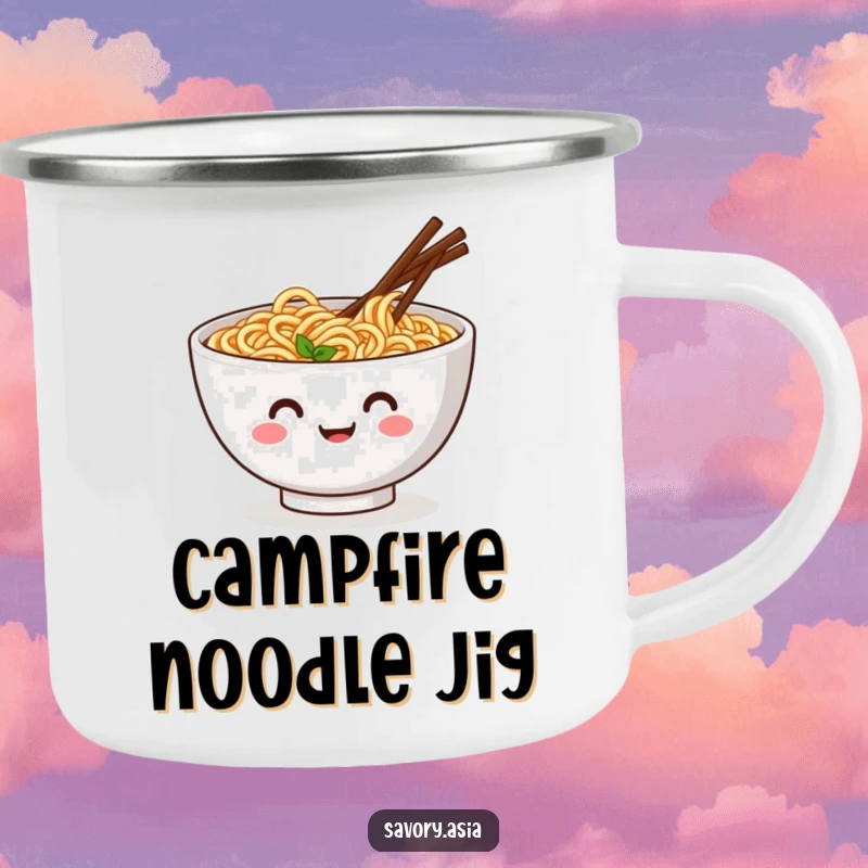 Funny camping mug of a smiling ramen bowl with wiggling chopsticks doing a jig, suitable for humorous outdoor meals.
