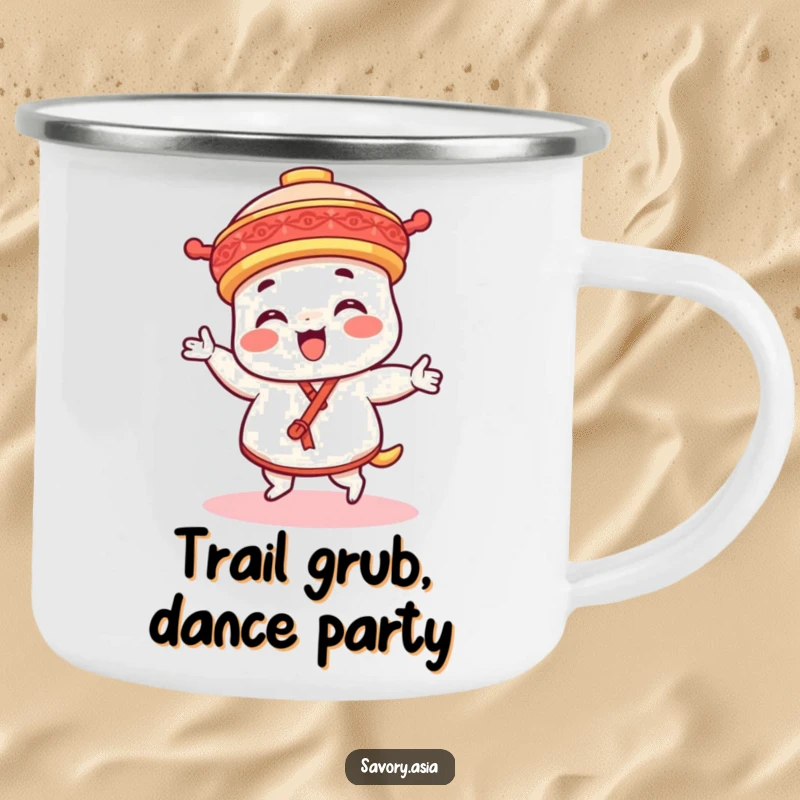 Funny dim sum platter character camping mug, durable for adventures, showing a character doing a joyful dance, adding humor outdoors.