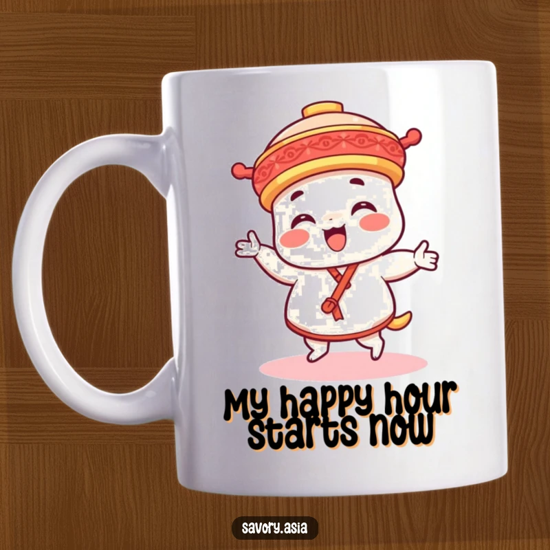 Funny dim sum platter mug with a delighted character dancing joyfully, showcasing culinary humor and charm.