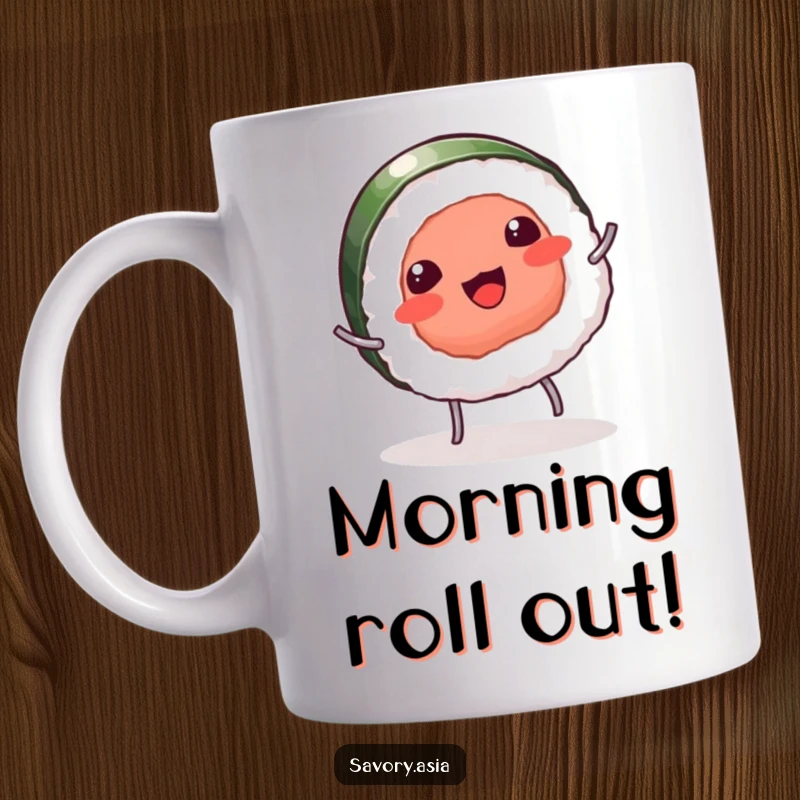 Funny mug of a giggling sushi piece with tiny legs doing a cartwheel, symbolizing playful energy and sushi delight.