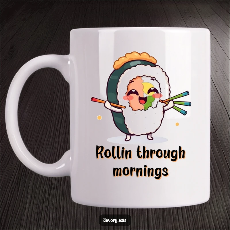 Funny Mug featuring a giggling sushi roll character skillfully juggling colorful chopsticks, embodying playful culinary fun.