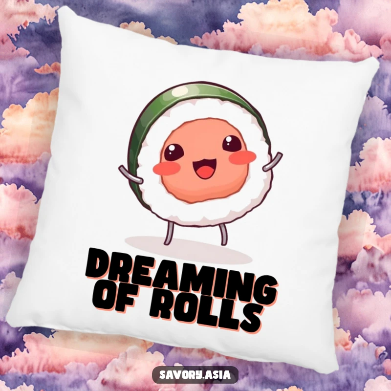 Funny pillow featuring a giggling sushi piece with tiny legs doing a cartwheel, adding a touch of humorous playfulness.