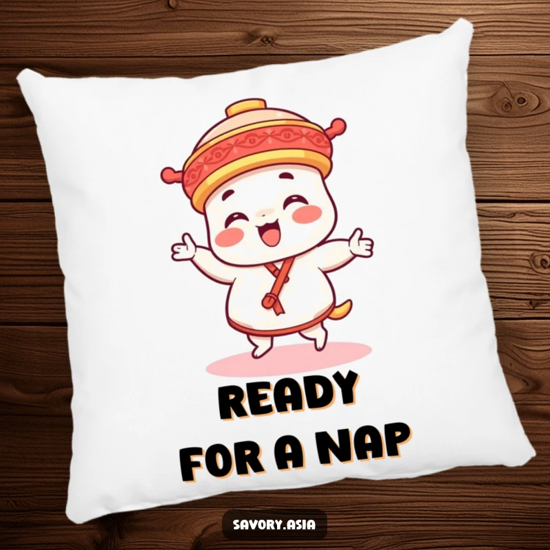 Funny dim sum platter character pillow, soft and decorative, showing a character happily dancing, bringing humor to soft furnishings.
