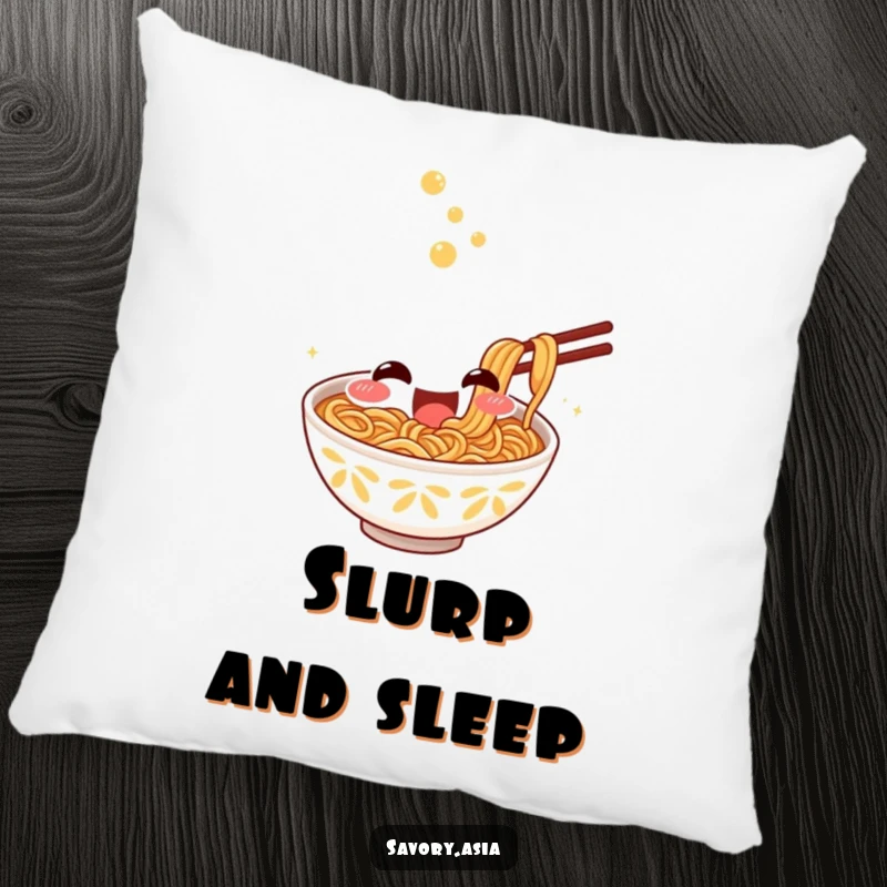 Funny Pillow featuring a smiling ramen bowl character slurping noodles, offering humorous comfort and a cozy decorative element.