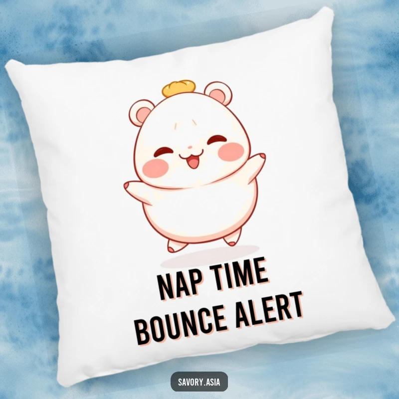 Funny bao bun pillow featuring a blushing, cheerful bao bun doing a happy hop, perfect for cozying up with adorable charm.