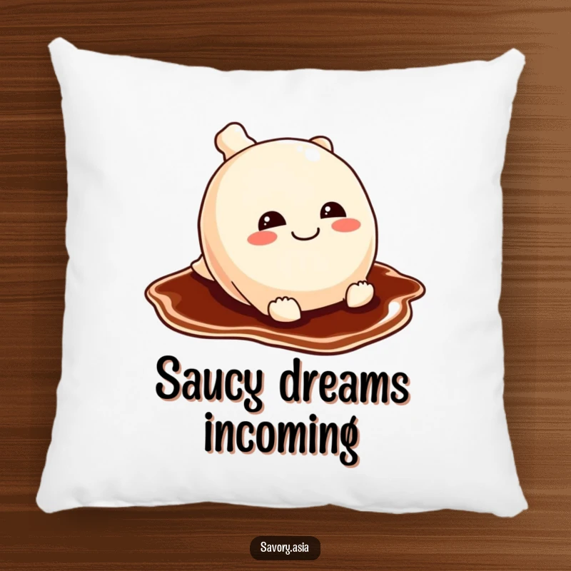 Funny potsticker pillow featuring a mischievous potsticker sliding on soy sauce, perfect for adding playful comfort and humor.