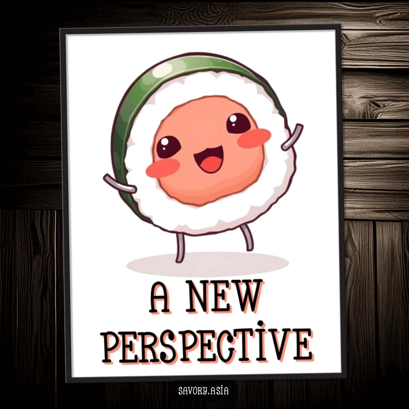 Funny digital art of a giggling sushi piece with tiny legs doing a cartwheel, embodying humorous playfulness and joy.