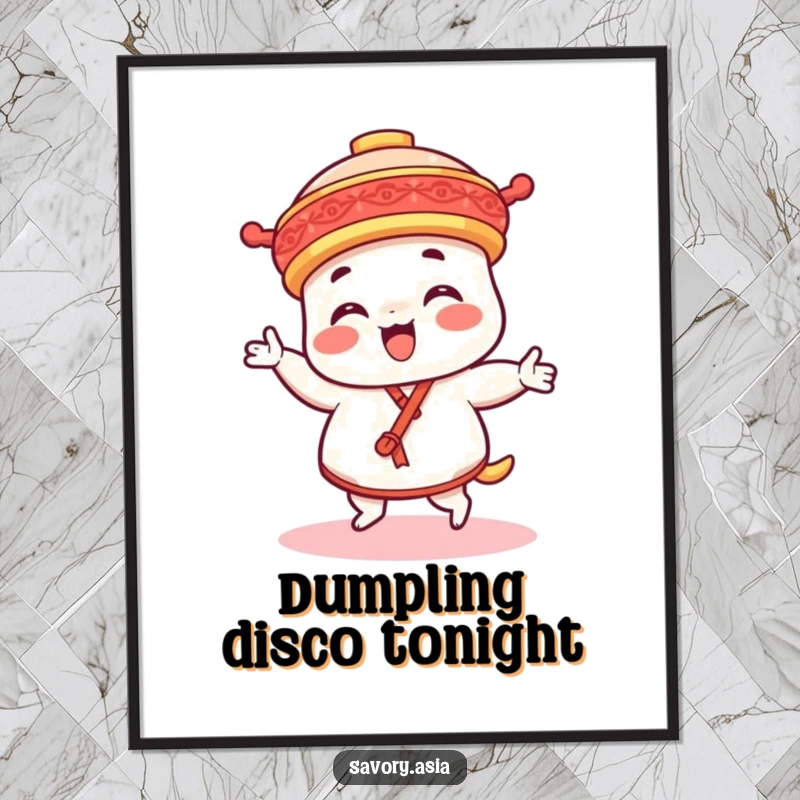 Funny dim sum platter character digital art print, featuring a character dancing with delight, ideal for instant humorous wall decor.