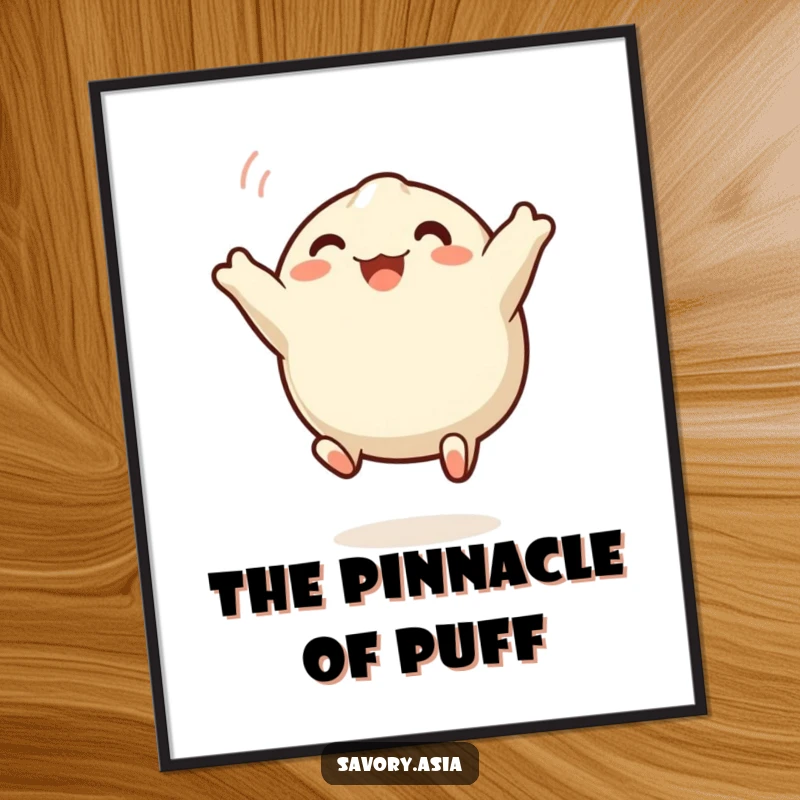 Funny dumpling digital art print of a happy steamed dumpling leaping joyfully, perfect for instant, humorous wall decor.
