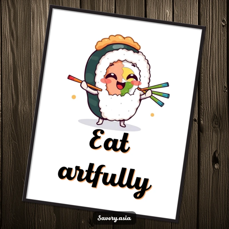 Funny Digital Art Print of a giggling sushi roll character juggling colorful chopsticks, perfect for humorous kitchen or dining room decor.