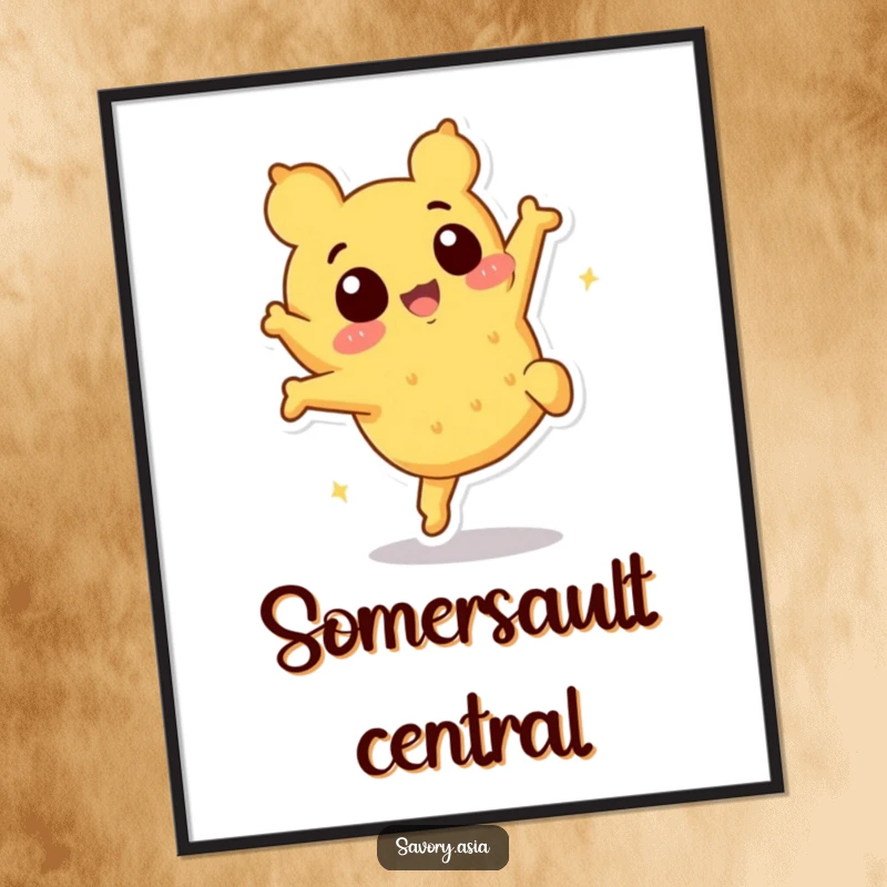 Funny tempura character digital art print, depicting a cheerful somersault, ideal for instantly humorous and dynamic wall decor.