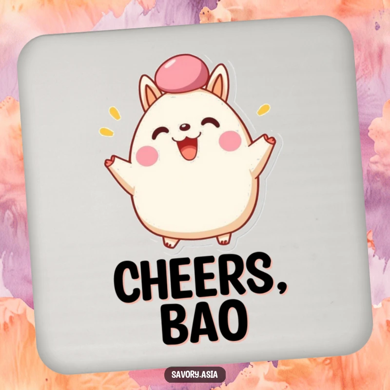 Funny Drink Coasters featuring a happy bao bun character cheering with its fluffy top, humorously protecting surfaces with a cheerful flair.