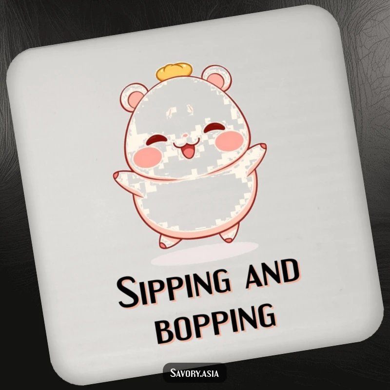 Funny bao bun drink coasters featuring a rosy-cheeked, hopping bao bun, protecting surfaces with adorable and cheerful food art.