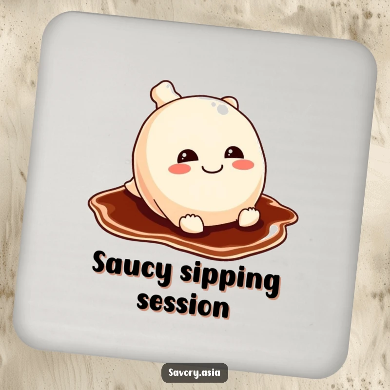 Funny potsticker drink coasters featuring a mischievous potsticker sliding on soy sauce, protecting surfaces with playful and amusing food art.