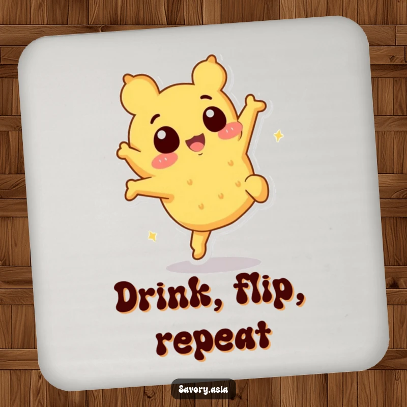 Funny tempura character drink coasters, protecting surfaces with a cheerful somersault design, adding playful culinary humor.