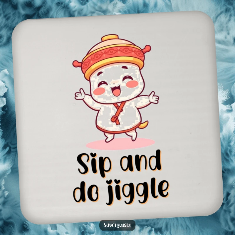 Funny dim sum platter character drink coasters, protecting surfaces with a delightful dancing character design, adding culinary humor.
