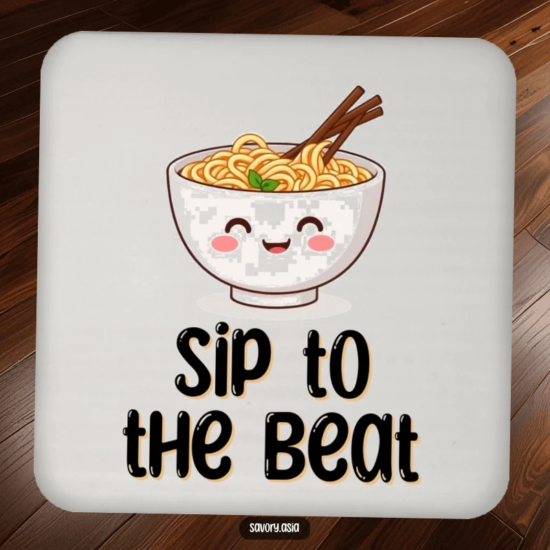 Funny coasters featuring a smiling ramen bowl with wiggling chopsticks doing a jig, offering humorous protection for tables.