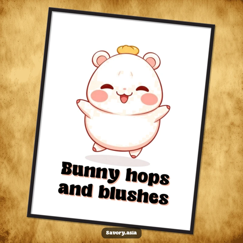 Funny bao bun poster showing a blushing, cheerful bao bun mid-hop, a delightful piece of wall art full of kawaii charm.