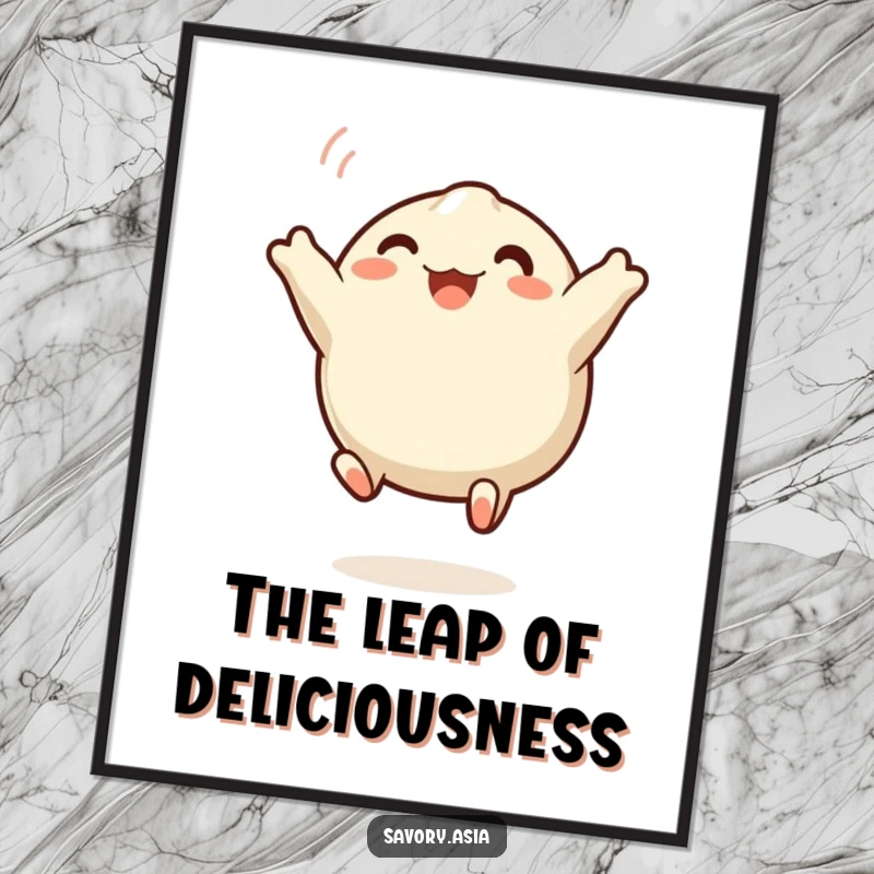 Funny dumpling poster depicting a happy, wide-eyed steamed dumpling leaping exuberantly, a delightful piece of wall art for humor lovers.