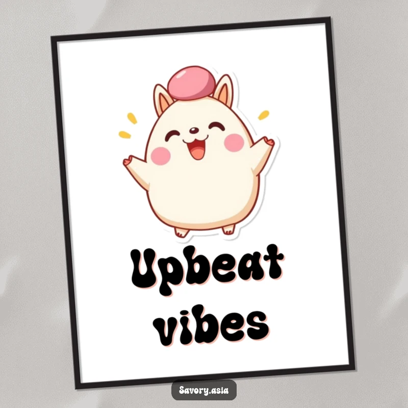 Funny Poster showcasing a happy bao bun character enthusiastically cheering with its fluffy top, perfect for humorous positive decor.