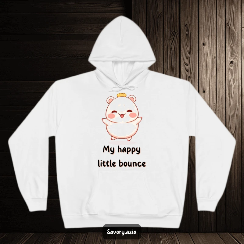 Funny bao bun hoodie featuring a blushing, cheerful bao bun in a happy hop, perfect for cozying up with a smile.