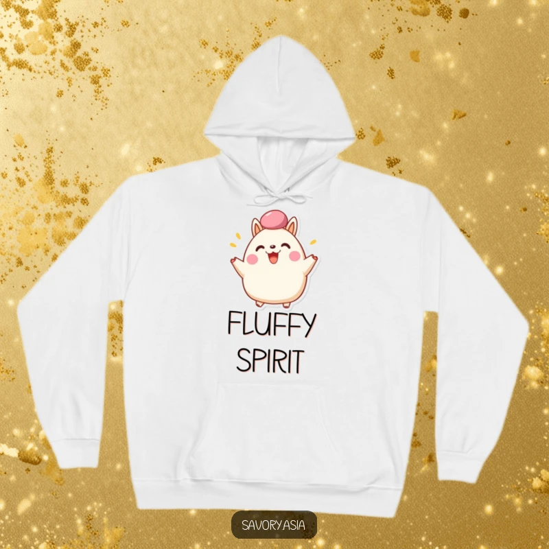 Funny Hoodie featuring a happy bao bun character cheering with its fluffy top, offering cozy comfort and delightful humor.