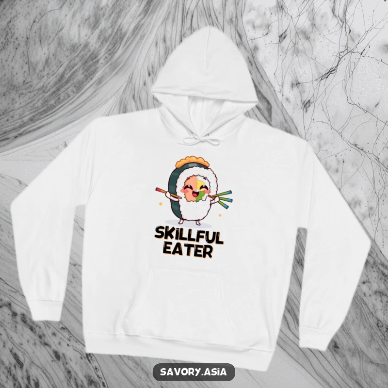 Funny Hoodie featuring a giggling sushi roll character juggling chopsticks, offering cozy comfort with a side of culinary comedy.