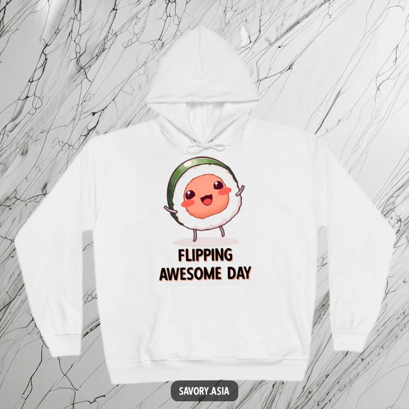 Funny hoodie with a giggling sushi piece and tiny legs doing a cartwheel, embodying humorous playfulness and joy.
