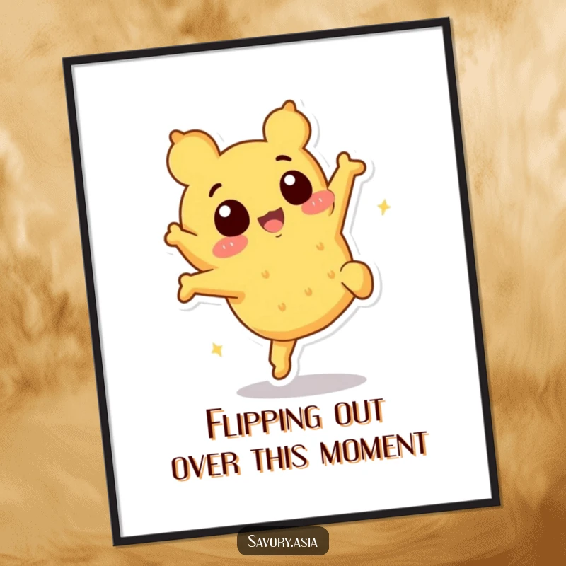 Funny Free Printable Wall Art: A cheerful tempura character in mid-somersault, perfect for a quirky kitchen.