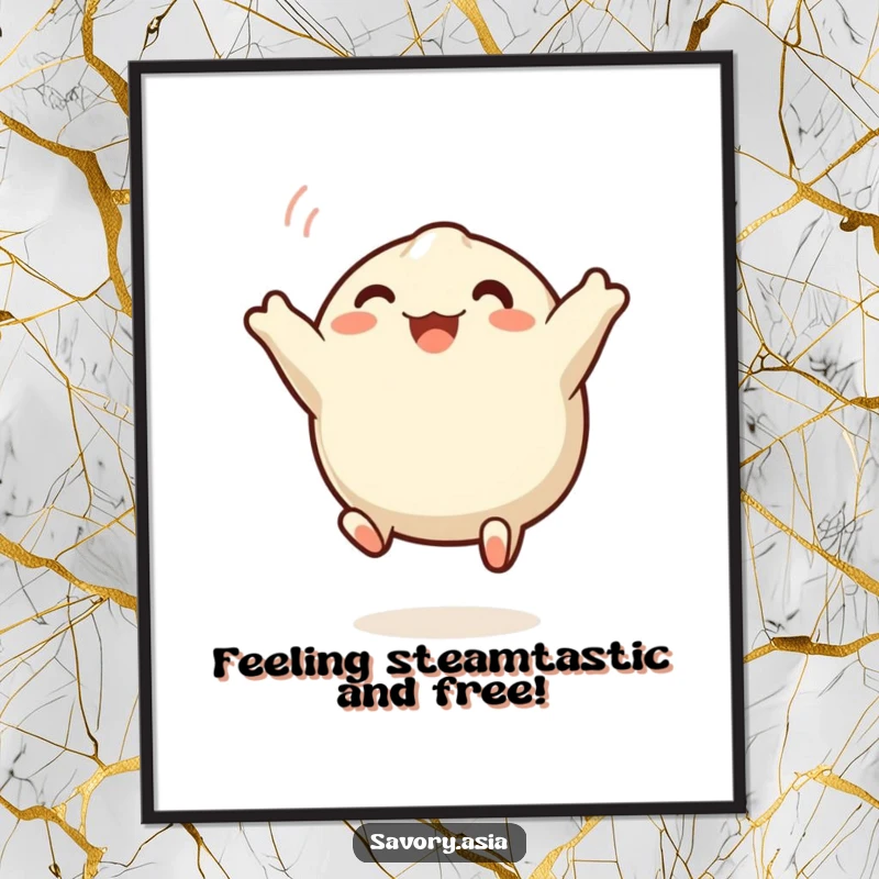 Funny Free Printable Wall Art: A joyful steamed dumpling with wide eyes captured mid-leap, bringing playful energy to any room.