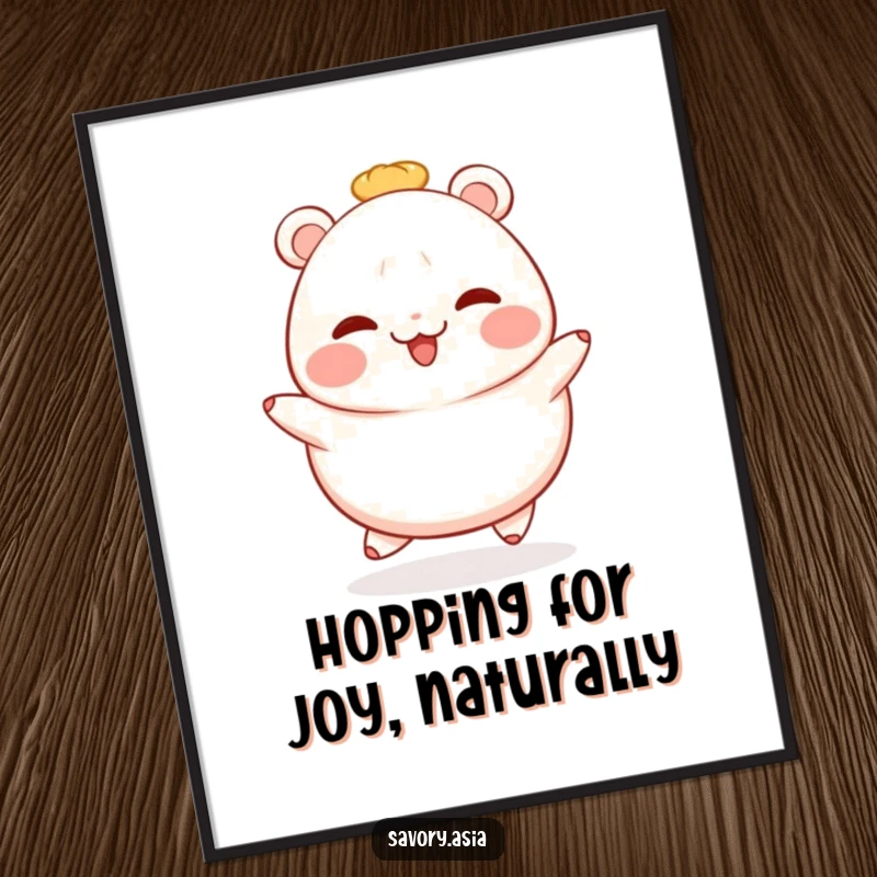 Funny Free Printable Wall Art: A blushing, cheerful bao bun performs a joyful hop, adding sweetness to your space.