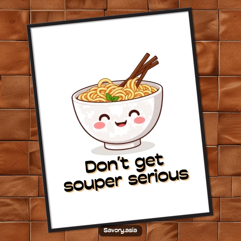 Funny free printable wall art featuring a smiling bowl of ramen noodles with wiggling chopsticks, doing an energetic and happy dance.