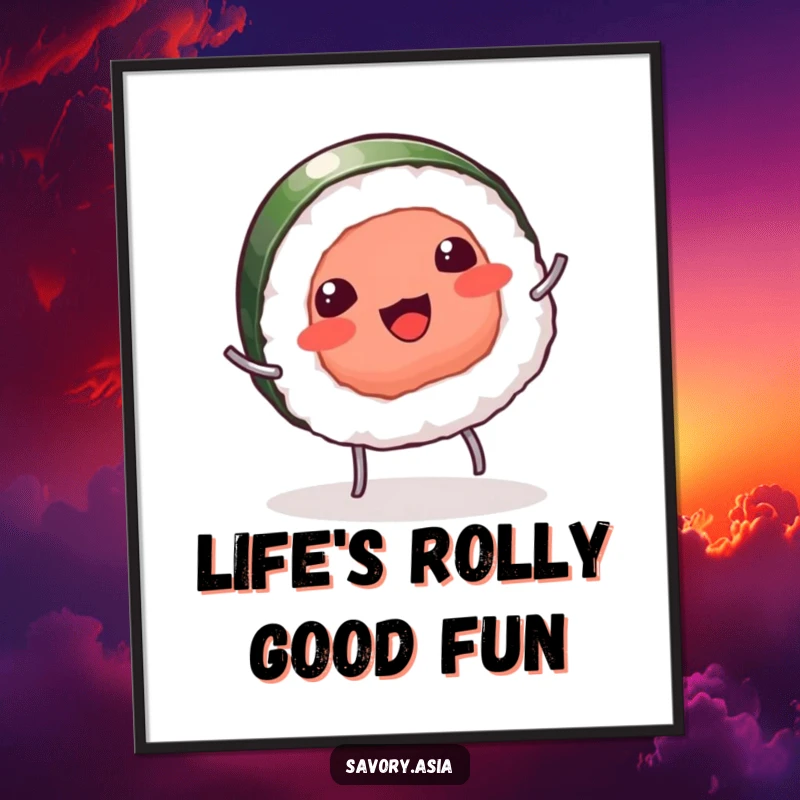 Funny free printable wall art of a giggling sushi piece with tiny legs doing a dynamic cartwheel, radiating playful energy.