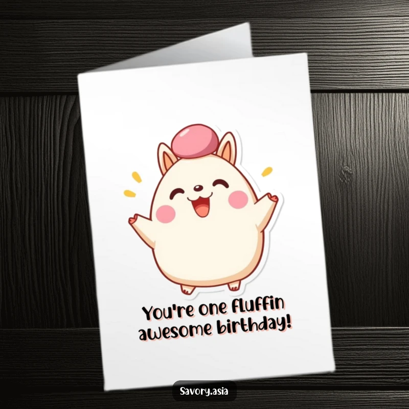 Funny Free Printable Birthday Card: Happy bao bun character cheering, fluffy top, birthday celebration, downloadable.