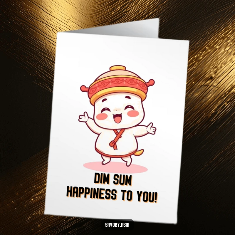 Funny Free Printable Birthday Card: Delighted dim sum character happily dancing, spreading joy and delicious vibes.