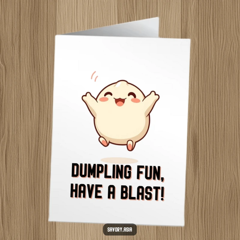 Funny Free Printable Birthday Card: A delighted steamed dumpling joyfully leaps mid-air, ready to celebrate.