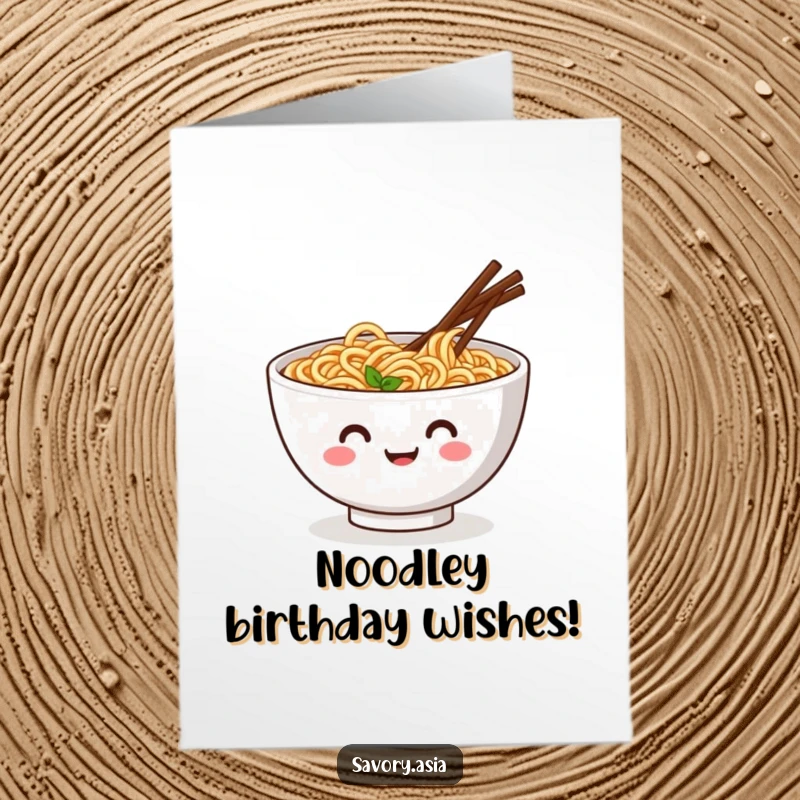Funny free printable birthday card: a smiling bowl of ramen with wiggling chopsticks does a happy jig, celebrating a birthday feast.