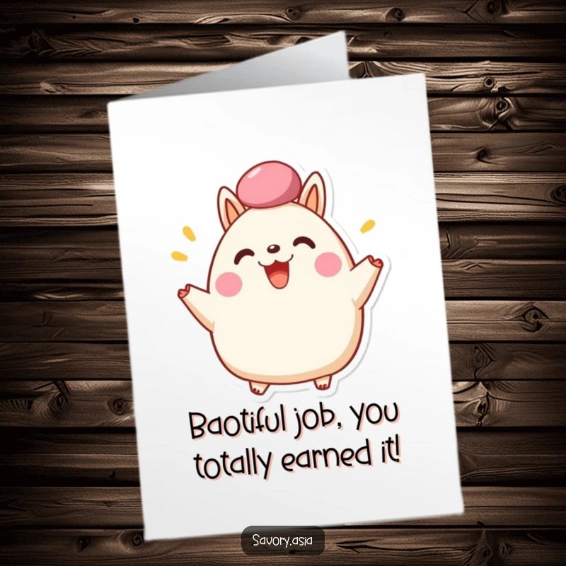 Funny Free Printable Congratulations Card: Happy bao bun character cheering, fluffy top, success, downloadable.