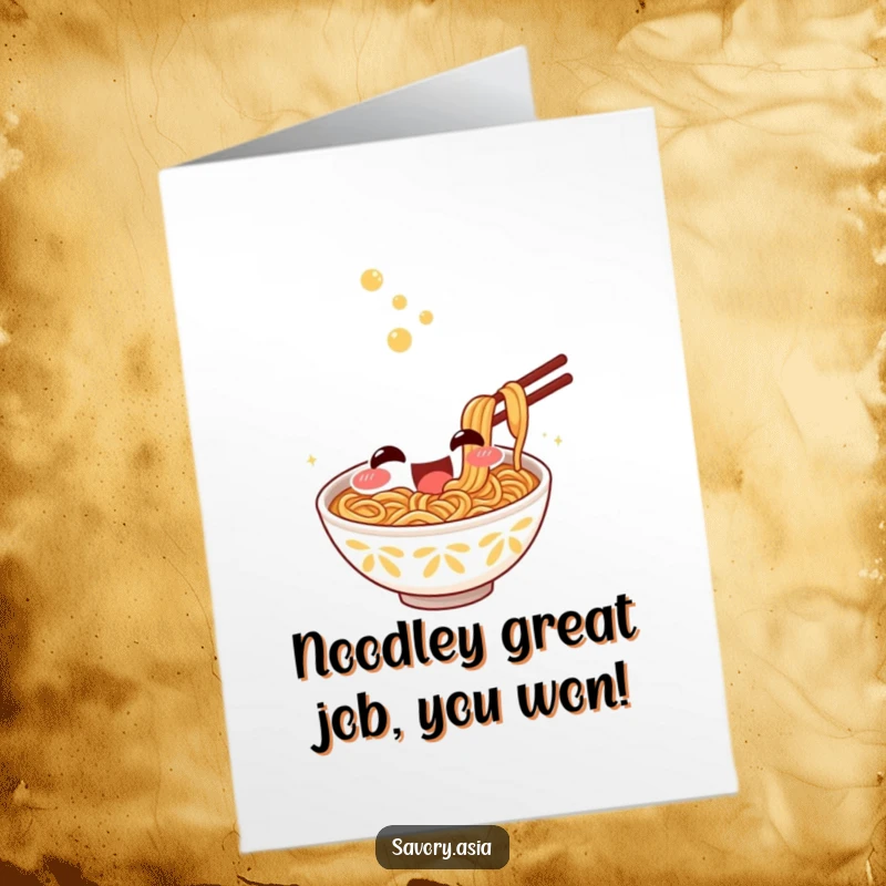 Funny Free Printable Congratulations Card: Smiling ramen bowl excitedly slurping noodles, foodie congrats, downloadable.