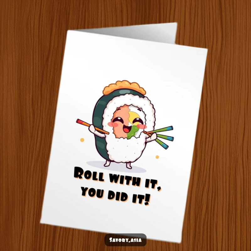 Funny Free Printable Congratulations Card: Giggling sushi roll juggling chopsticks, celebration, downloadable.