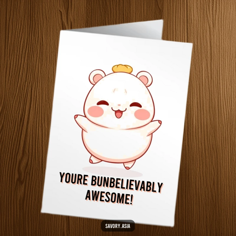 Funny Free Printable Congratulations Card: A cheerful bao bun with a blush does a happy little hop, celebrating your success.