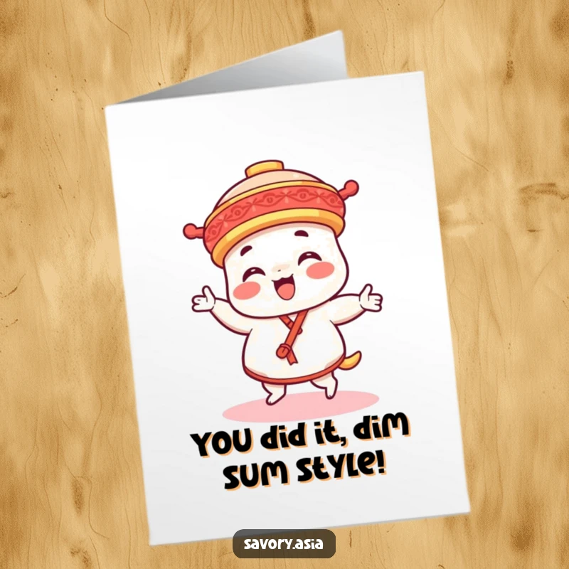 Funny Free Printable Congratulations Card: A delighted dim sum platter character performing a joyful dance, celebrating success.