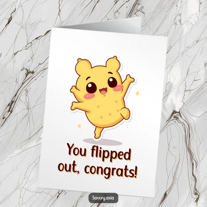 Funny Free Printable Congratulations Card: A cheerful tempura character executes a perfect, playful somersault for congratulations.