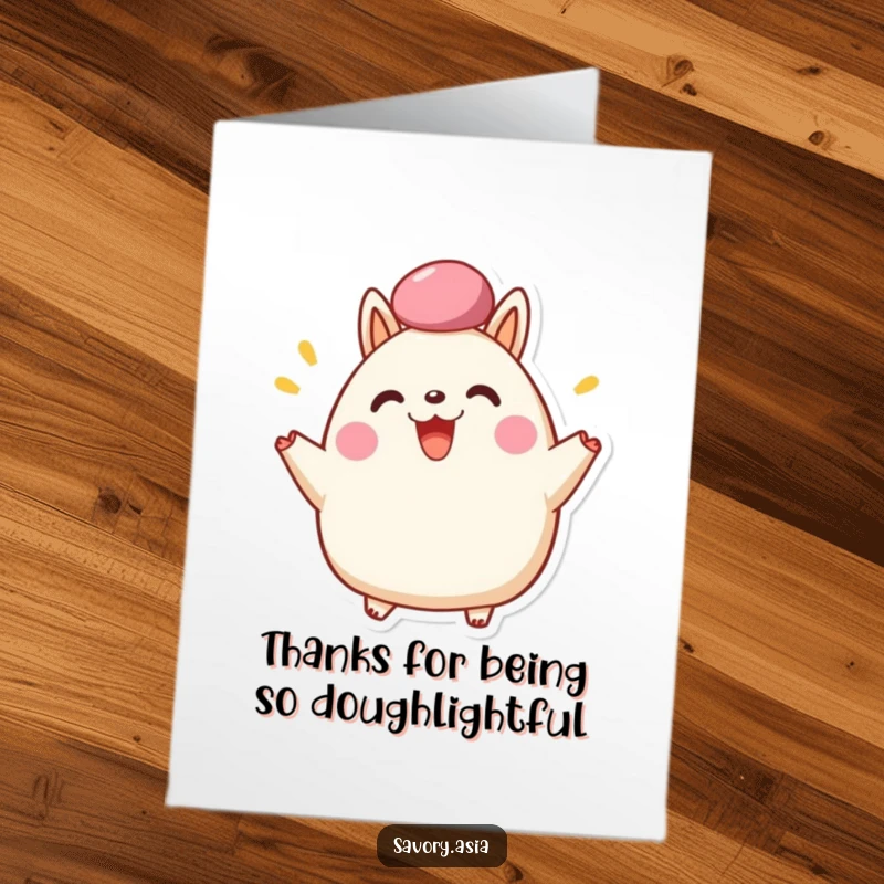 Funny Free Printable Thank You Card: Happy bao bun character cheering, fluffy top, gratitude, downloadable.
