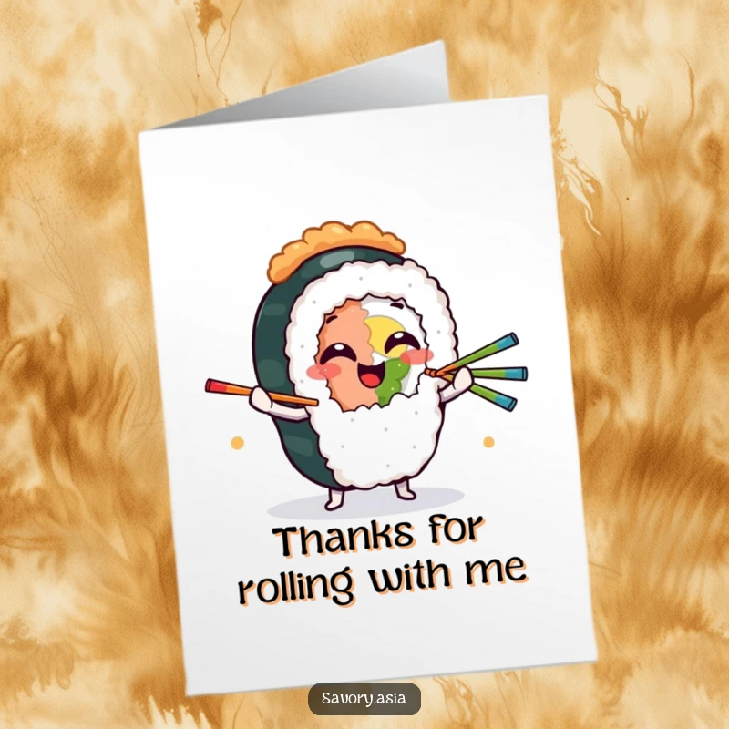 Funny Free Printable Thank You Card: Giggling sushi roll juggling chopsticks, foodie thank you, downloadable.