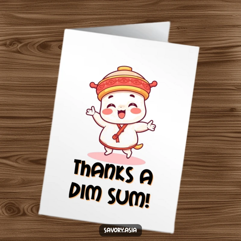 Funny Free Printable Thank You Card: A happy dim sum character doing a delightful dance to express thanks.